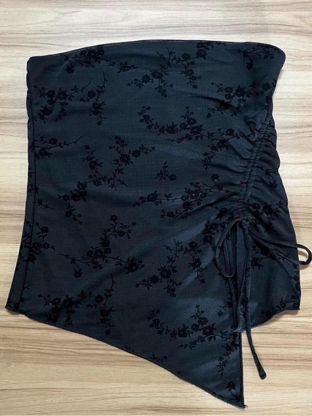 Garage Black Floral Ruched Strapless Asymmetrical Top